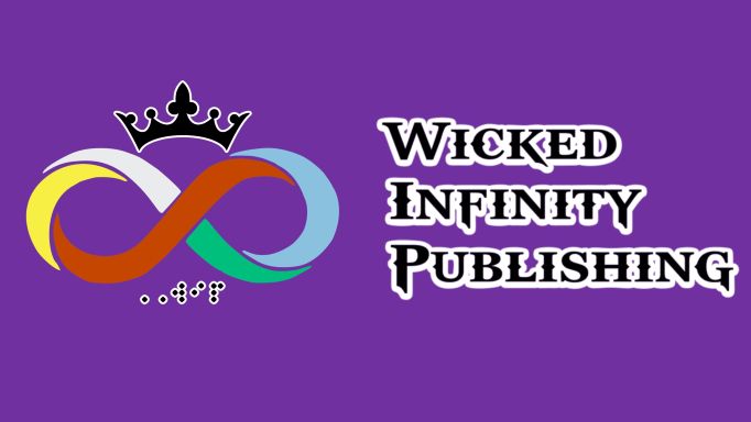 The logo for Wicked Infinity Publishing. The words are in all capitals with each character in black outlined in white.  The initials WIP are in a similar Braille font.  There is a multicolor infinity symbol topped with a black and white crown.  The background is a deep regal purple.